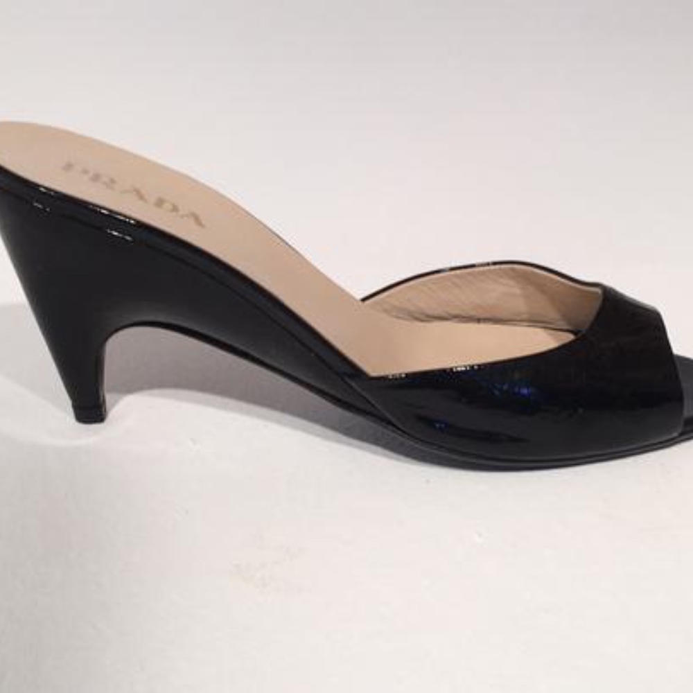 Prada Black Patent Open Toe Slides Heels